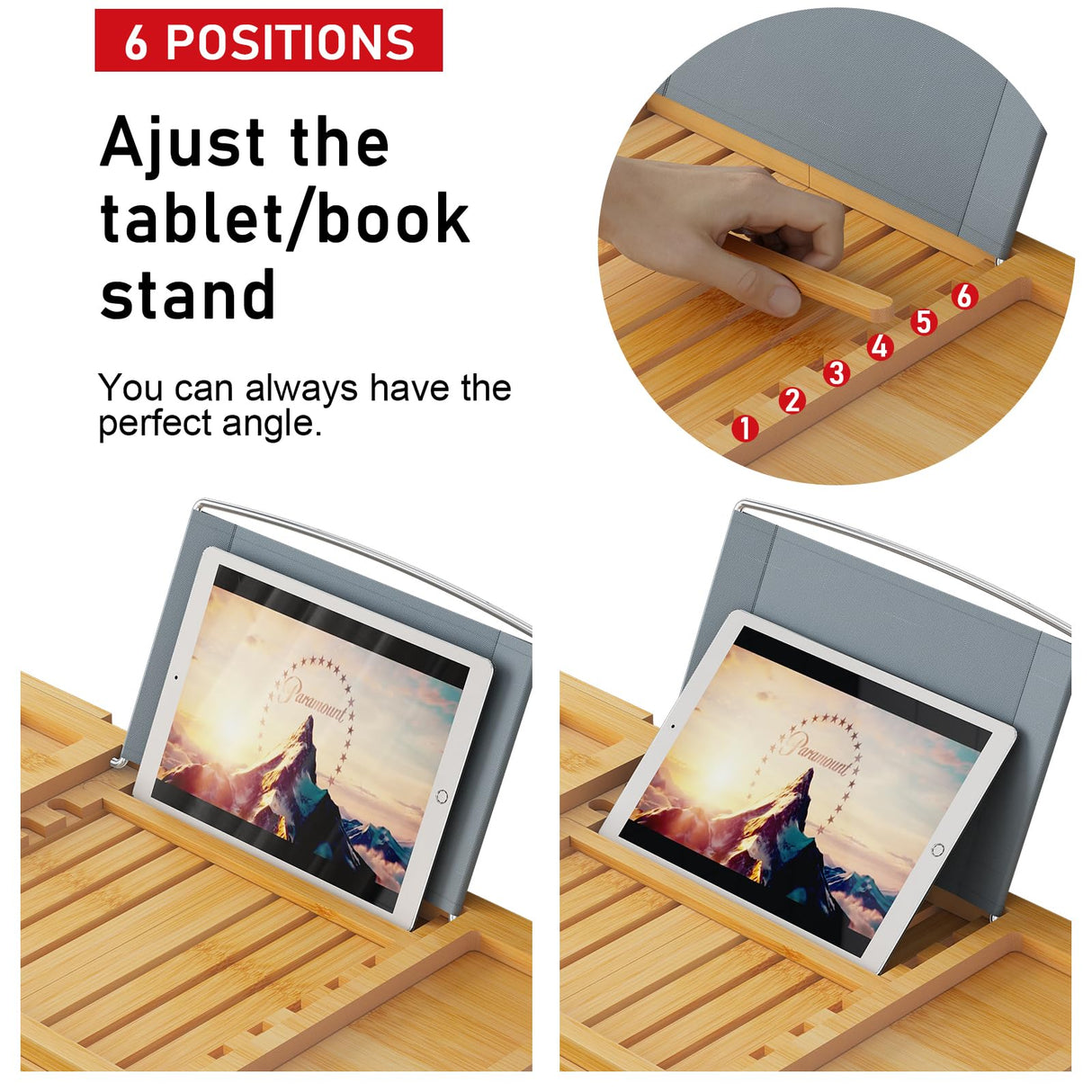 Foldable Bamboo Bathtub Caddy Tray Expandable for Luxury Bath, Bath Accessories & Table with Wine Glass Holder, Book Stand Bathroom Organizer with Extending Sides for Men/Women BAMBUROBA