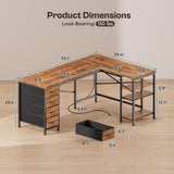 Huuger 55 Inch L Shaped Desk with Fabric Drawers, Reversible Computer Gaming Desk with Power Outlets and USB-C Port, Adjustable Side Storage Shelves, for Work Study Corner Home Office, Rustic Brown Huuger