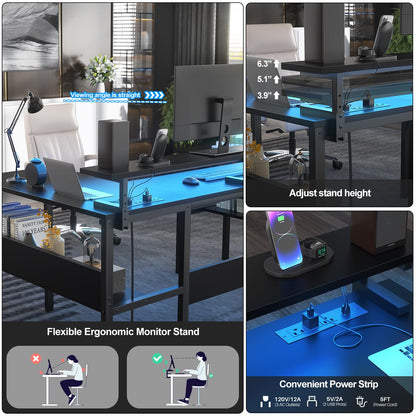 Hyomdeck Customizable U Shaped Desk & L Shaped Office Desk with Adjustable Monitor Stand, RGB LED Lights and Power Outlets, Sturdy Reversible L Shape