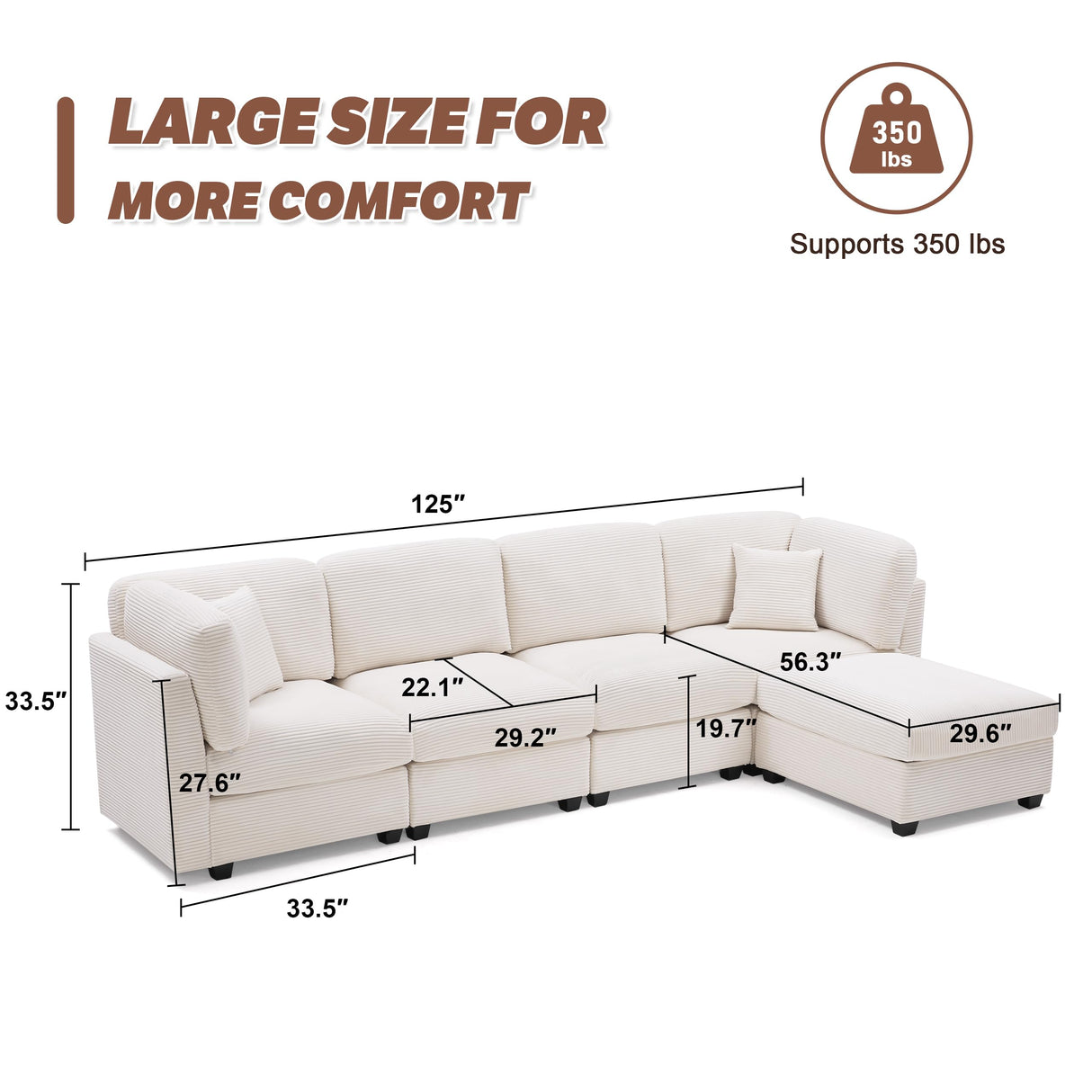 Huatean Home 125 Inch Oversized Corduroy Modular Sectional Sofa, U Shaped Modular Couch with Storage, 5 Seat Convertible Corduroy Couch, Comfy Sectional Couches for Living Room with Foam, Light Beige Huatean Home