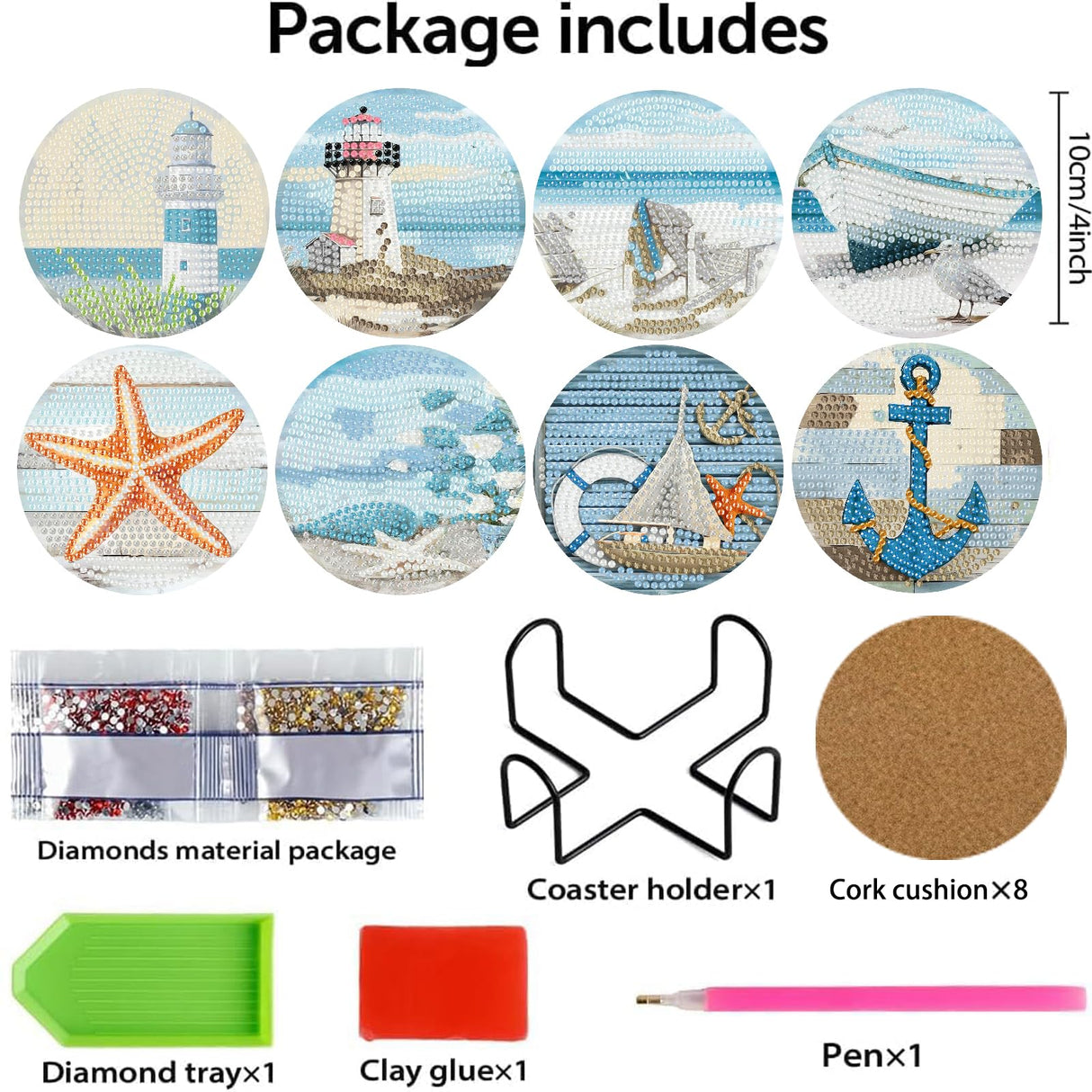 askkqtx 8 Pcs Beach Diamond Art Coasters Kits with Holder, Sea Diamond Painting Coasters Kits for Adults, Light House DIY 5D Diamond Dots Small Mini Kit Full Drill Art Craft Supplies 4X4 Inch askkqtx
