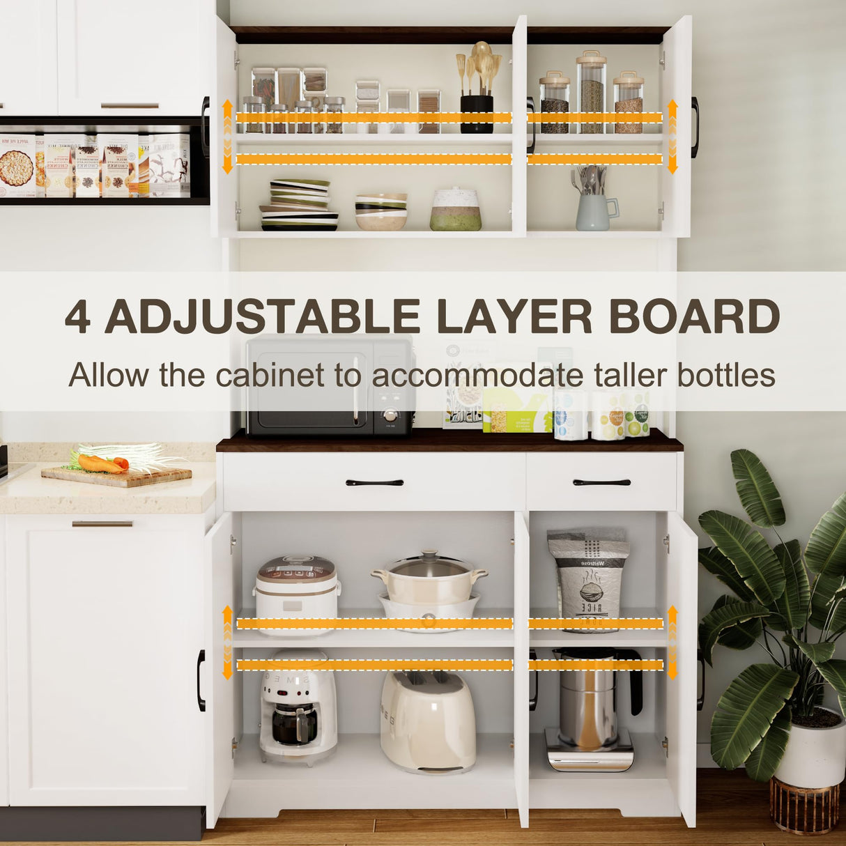 Azaeahom 71" Pantry Cabinet with Charging Station, Kitchen Storage Cabinet with Microwave Stand, 8-Zone Organization, 2 Smooth-Glide Drawers, Open Countertop for Dining, Kitchen, Living Room (White) Azaeahom