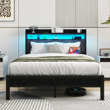 VERFARM Full Bed Frame with LED Lights Storage Upholstered Headboard and Charging Station, Metal Platform Double Bed Frame Full Size with 2-Tier Storage Shelves, No Box Spring Needed, Easy Assembly VERFARM