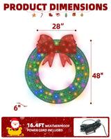 Poolergetic Outdoor 48 in Pre-lit Christmas Wreath, Large Green LED Christmas Wreath Decoration with Bow, Holiday Light Decor for Christmas for Yard, Garage, Door and Window Poolergetic