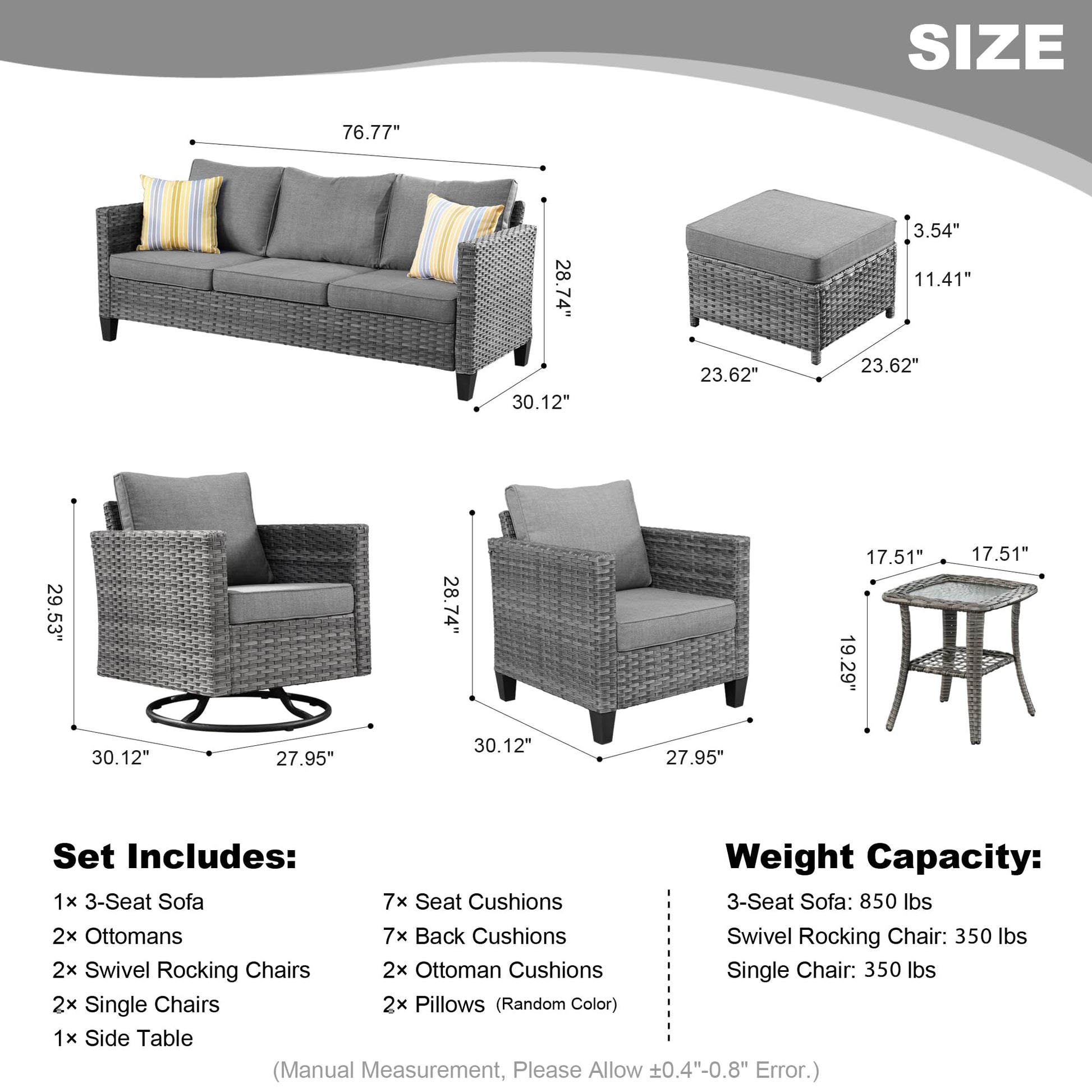 HOOOWOOO Wicker Patio Conversation Sets,8 Piece Outdoor Furniture Set with Swivel Rocking Chairs,All Weather Resistant Modern Outside Out Door Rattan Couch Chairs Side Table Set,Charcoal Gray - WoodArtSupply