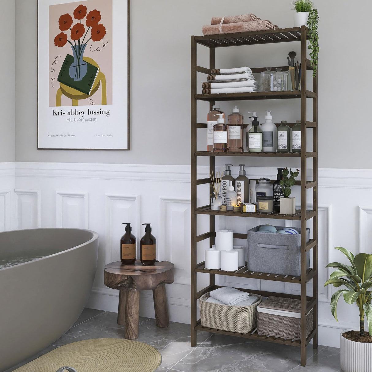 HITNET Bookcase, Bamboo Bookshelf, 6-Tier Adjustable Tall Open Book Shelf, Free Standing Storage Shelves Organizer, Flower Plant Display Stand, Walnut HITNET