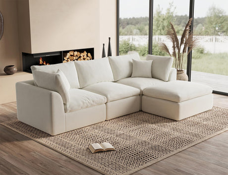 ohllob 110" Cloud Sectional Couches for Living Room, Convertible L-Shape Couch with Ottoman, 3 Seater Modular Sectional Sofa, Warm White ohllob