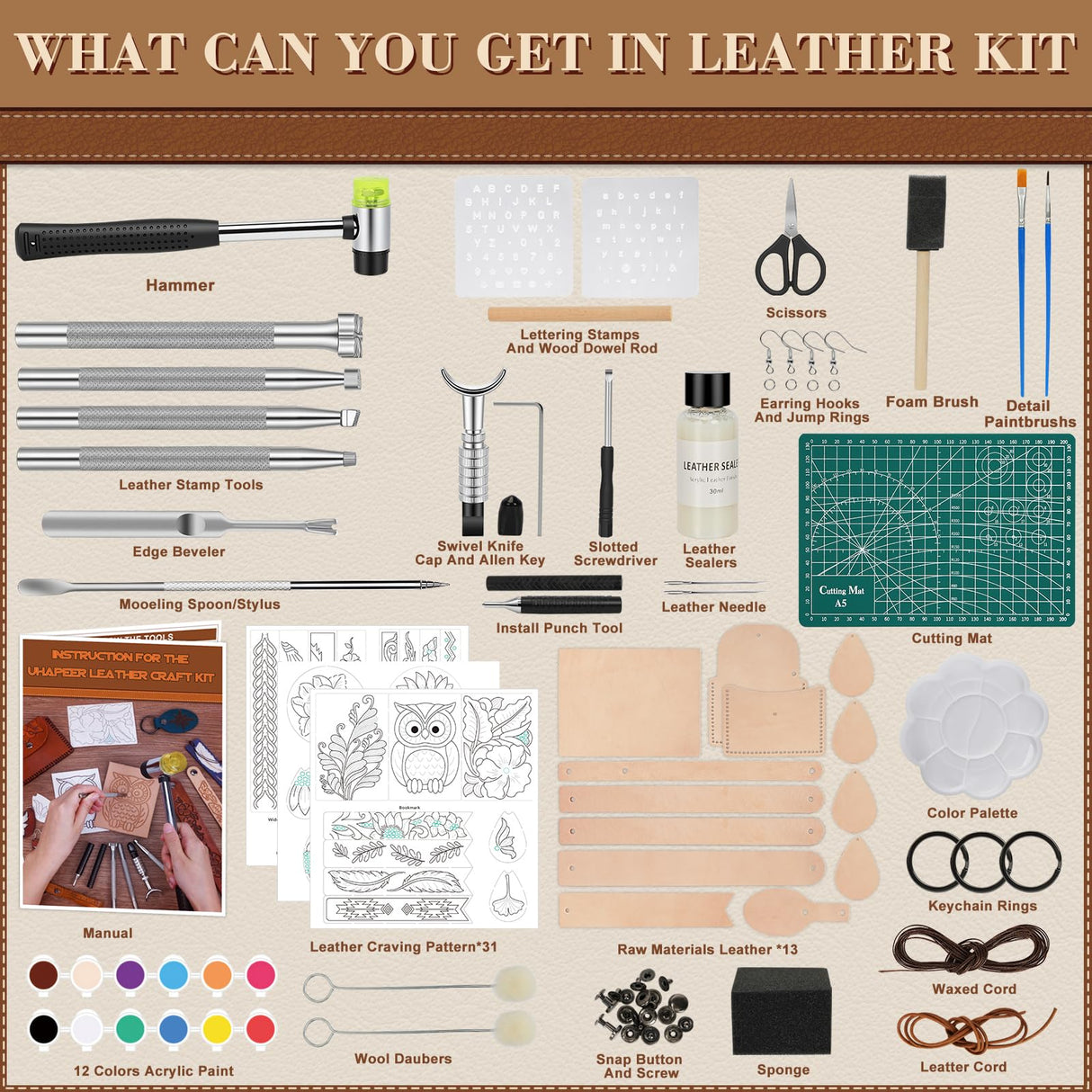 UHAPEER 88PCS Leather Crafting Kit: Leather Working Tools and Supplies for Adult, with Stamping Dyeing Carving Tools, Video Tutorial for Beginners to DIY Earring Wallet Keychain Wristband UHAPEER