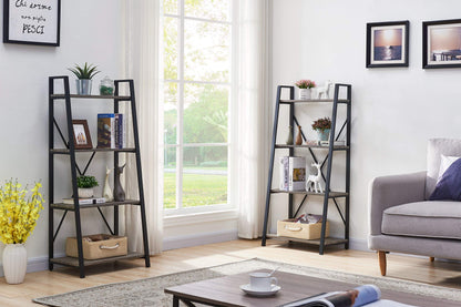 BON AUGURE Industrial 4-Tier Ladder Bookshelf in Dark Gray Oak - WoodArtSupply