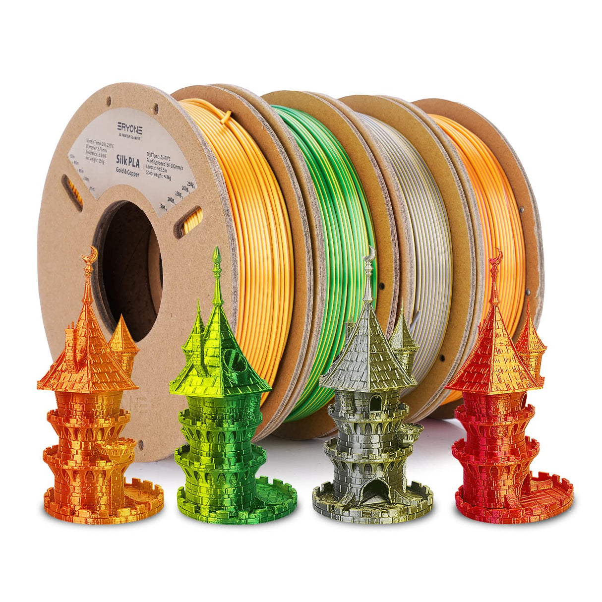ERYONE Silk Dual Color Filament PLA 3D Printer 1.75mm +/- 0.03mm, Silk Coextrusion PLA Shiny Filament 0.25kg/Spools,4Pack(2.2lbs), Glod&Copper, Gold&Silver, Red&Glod, Yellow&Green ERYONE