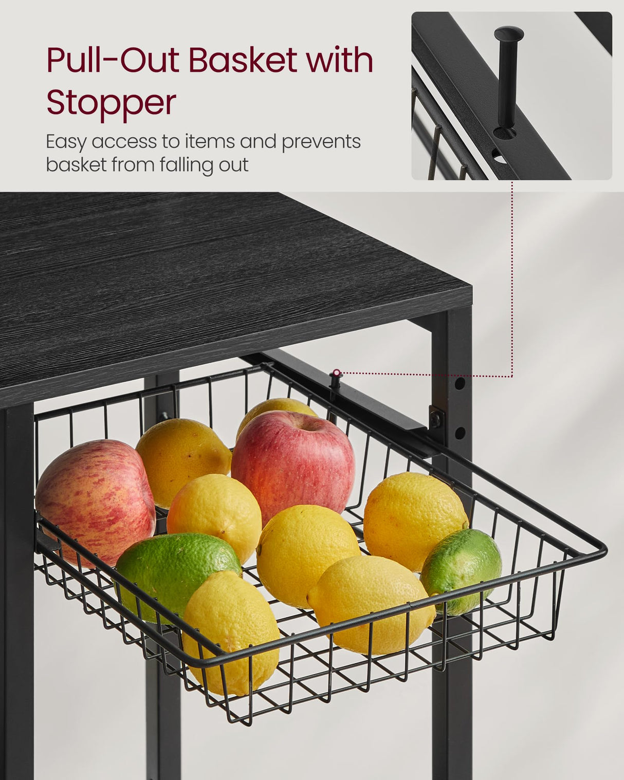 VASAGLE Bakers Rack with Power Outlet, 35.4 Inches Microwave Stand, Coffee Bar, 4 AC Outlets, with Adjustable Shelves, 8 S-Hooks, Basket, Spice Racks, Charcoal Gray and Ink Black UKKS031B22 VASAGLE