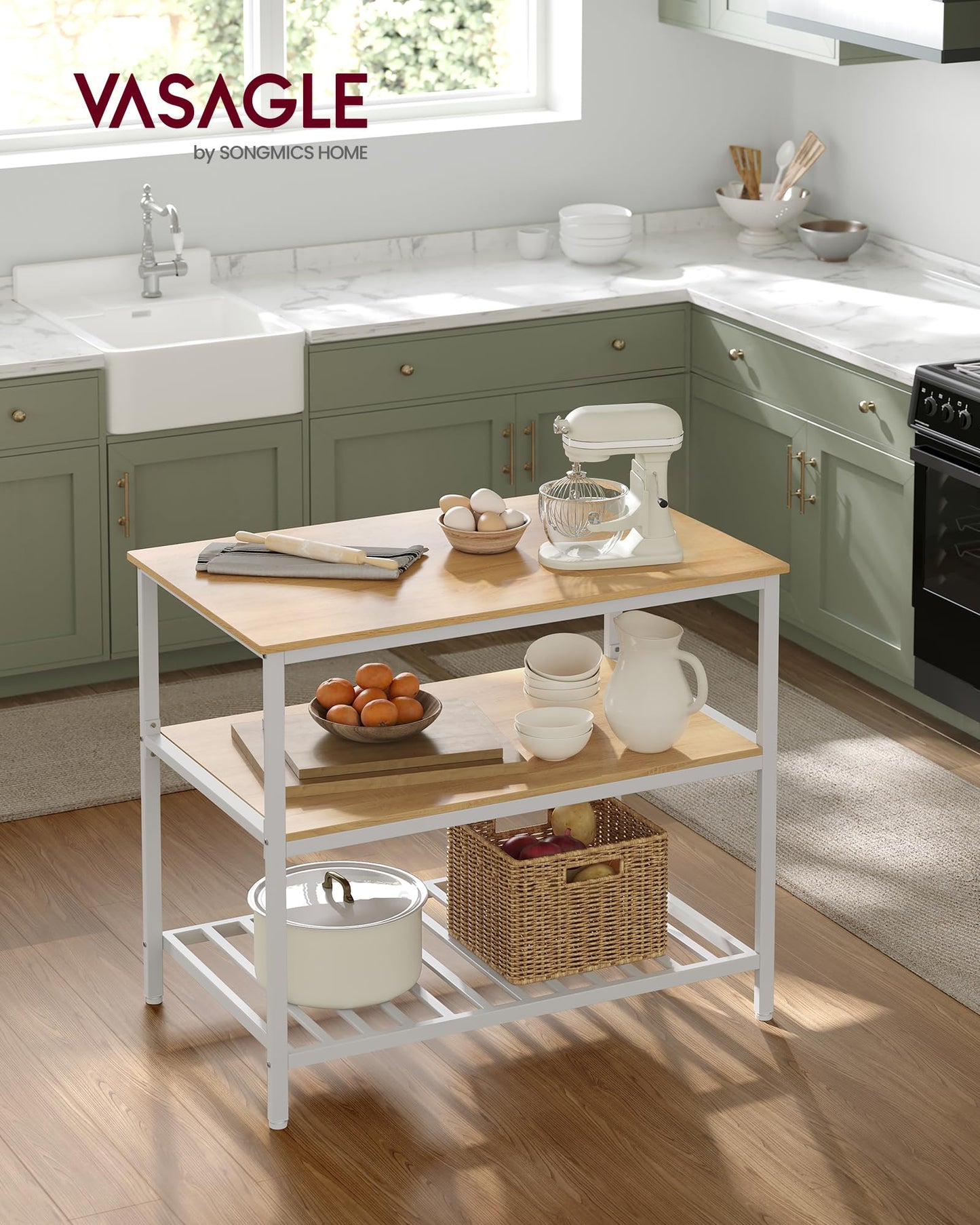 VASAGLE 39.4-Inch Kitchen Island with 3 Shelves, Large Worktop, and Stable Steel Structure in Oak and White