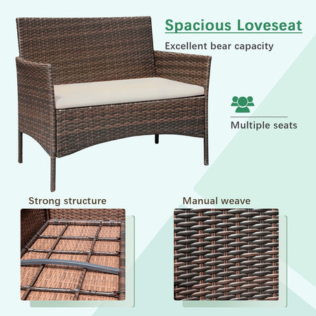 Greesum Patio Furniture 4 Pieces Conversation Sets Outdoor Wicker Rattan Chairs Garden Backyard Balcony Porch Poolside loveseat with Soft Cushion and Glass Table, Brown and Beige Greesum