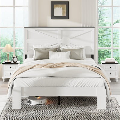 madeslves Farmhouse Queen Size Wooden Bed Frame with Headboard, Boho Platform Bedframe, Sturdy Metal Slats Support, No Box Spring Needed, Noise Free, Easy Assembly, White