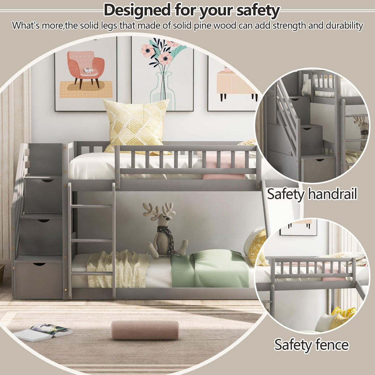 Twin Over Twin Bunk Beds with Slide, Low Bunk Bed Frame with Storage Drawers Stairway Wood Bunk Bed with Slide for Kids Boys Girls, Gray Finish Bellemave