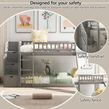 Twin Over Twin Bunk Beds with Slide, Low Bunk Bed Frame with Storage Drawers Stairway Wood Bunk Bed with Slide for Kids Boys Girls, Gray Finish Bellemave