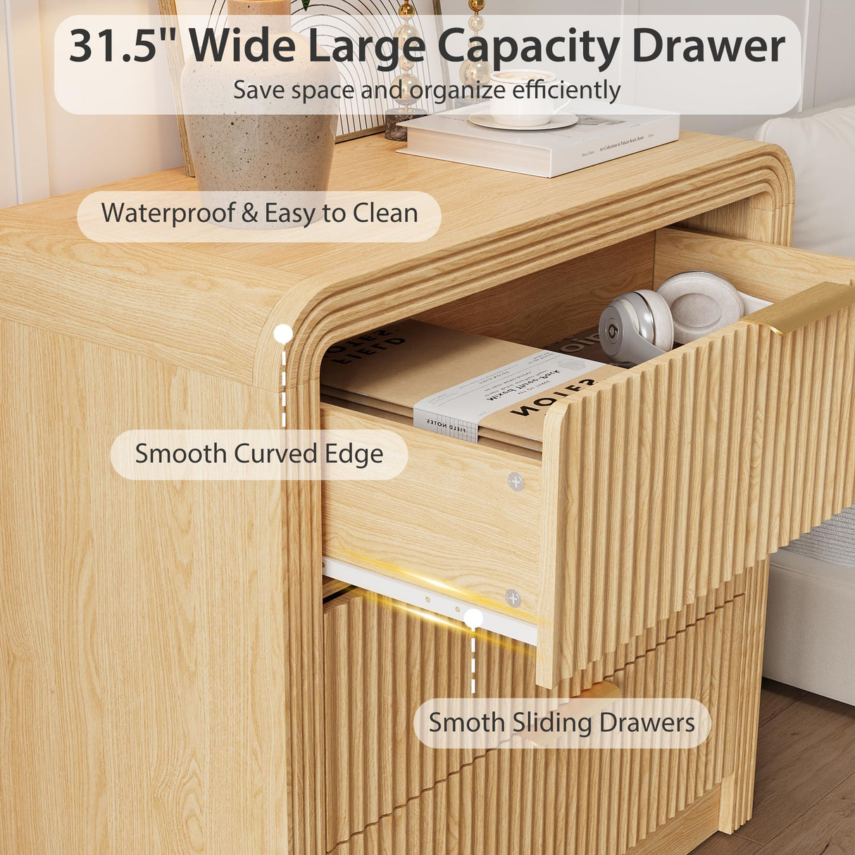 Fluted 3 Drawer Dresser, 31.8'' Tall Dresser for Bedroom, Modern Wood Chest of Drawers with Round Edge & Metal Handle, Large Nightstand with 3 Drawers for Living Room, Hallway, Entryway (Natural Oak) Decofy