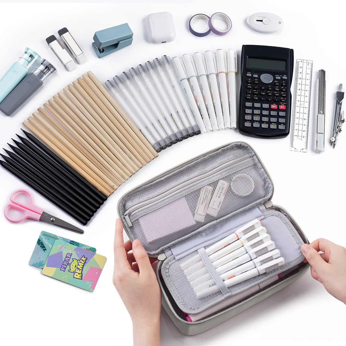 WEMATE Large Pencil Case Aesthetic,Big Capacity Canvas Pencil Pouch with Zipper, Pencil Case for Women & Men, Marker Pen Case,Portable Stationery Pencil Bag for Office Light Grey WEMATE