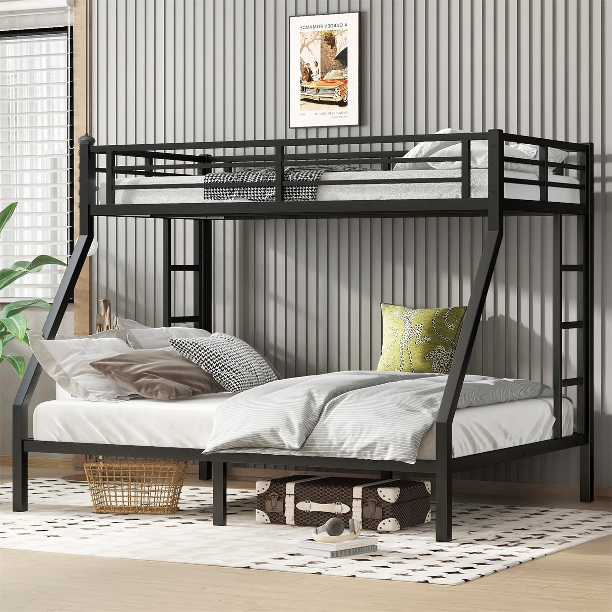 ICIUIOIR Twin XL Over Queen Bunk Bed Frame for Kids & Adults – Adult Metal Bunk Beds, Heavy Duty Frame, Literas para Niños, Camarotes, Bunk Bed with Stairs (No Box Spring Needed) (Black) ICIUIOIR