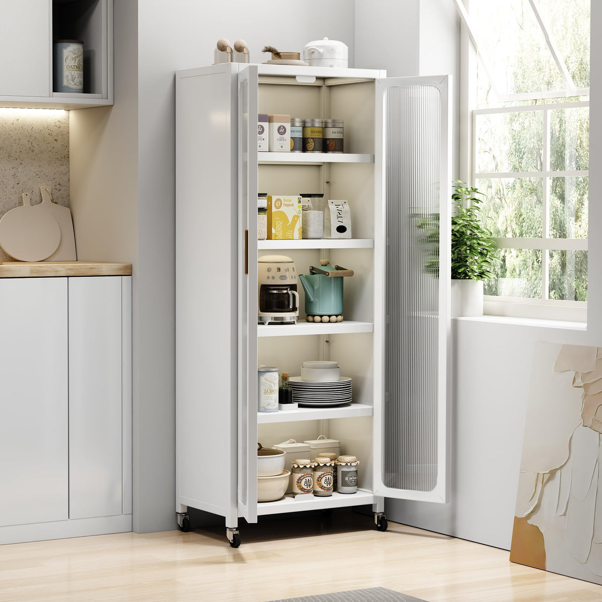 67.3" Kitchen Pantry Storage Cabinet,Display Storage Cabinet with Acrylic Glass Doors, Adjustable Shelves & Wheels,Metal Tall Food Pantries Cabinets,for Kitchen, Living Room and Dining Room, White Legendstone