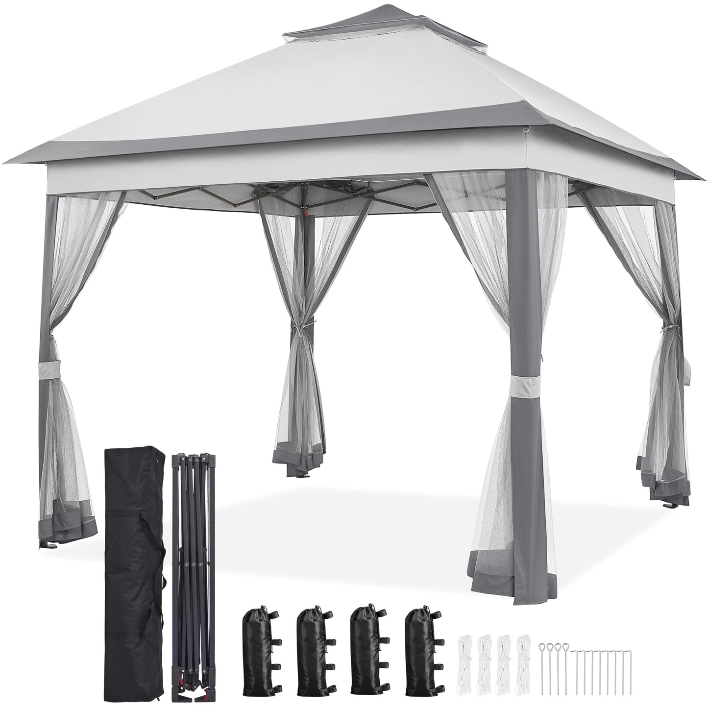 Yaheetech 11x11 Pop Up Gazebo Outdoor Canopy Shelter, Instant Patio Gazebo Sun Shade Canopy Tent with 4 Sandbags, 2 Tiers Roof & Mesh Netting for Lawn, Garden, Backyard & Deck, Gray - WoodArtSupply