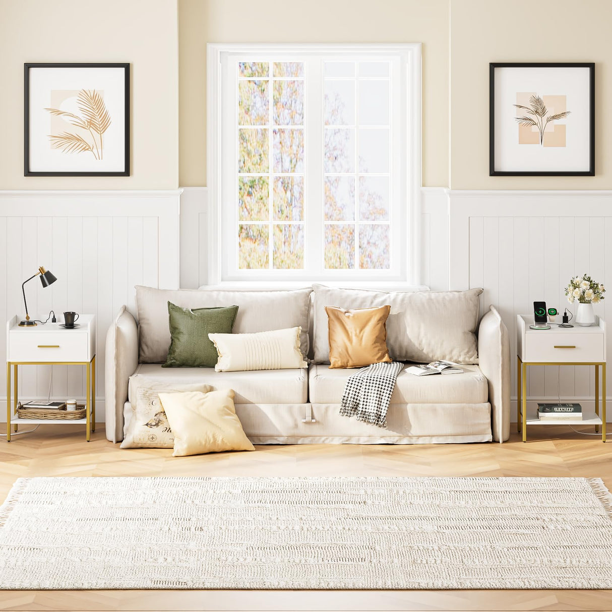 Masupu Nightstand with Charging Station,3-Tier Modern Bedside Night Stand with Storage Drawer and Shelf,Small End Side Table for Bedroom,Living Room,White Masupu