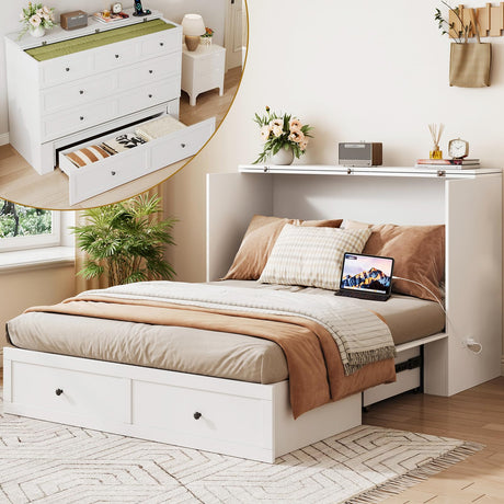 LIVAUVEAD Full Size Murphy Bed with Charging Station & Drawer, Full Size Mobile Cabinet Bed Frame, Murphy Chest Bed for Bedroom, Guest Room LIVAUVEAD