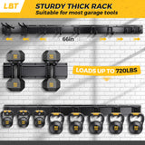 LBT 66" Garage Tool Organizer Wall Mount - 720lbs Garden Tool Organizer with Adjustable Hooks, Heavy Duty Metal Garage Storage Rack, Anti-Rust Shed Rack Holder Hanging Rake Broom Mower Snowboard LBT
