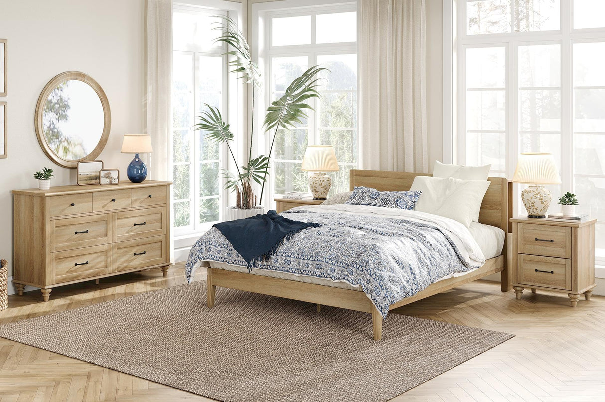 WAMPAT 3 Piece Bedroom Set - Includes 7 Drawer Dresser for Bedroom, Set of 2 Night Stands with Charging Station & Drawers, 3 Piece Dresser and Nightstand Sets, Oak WAMPAT