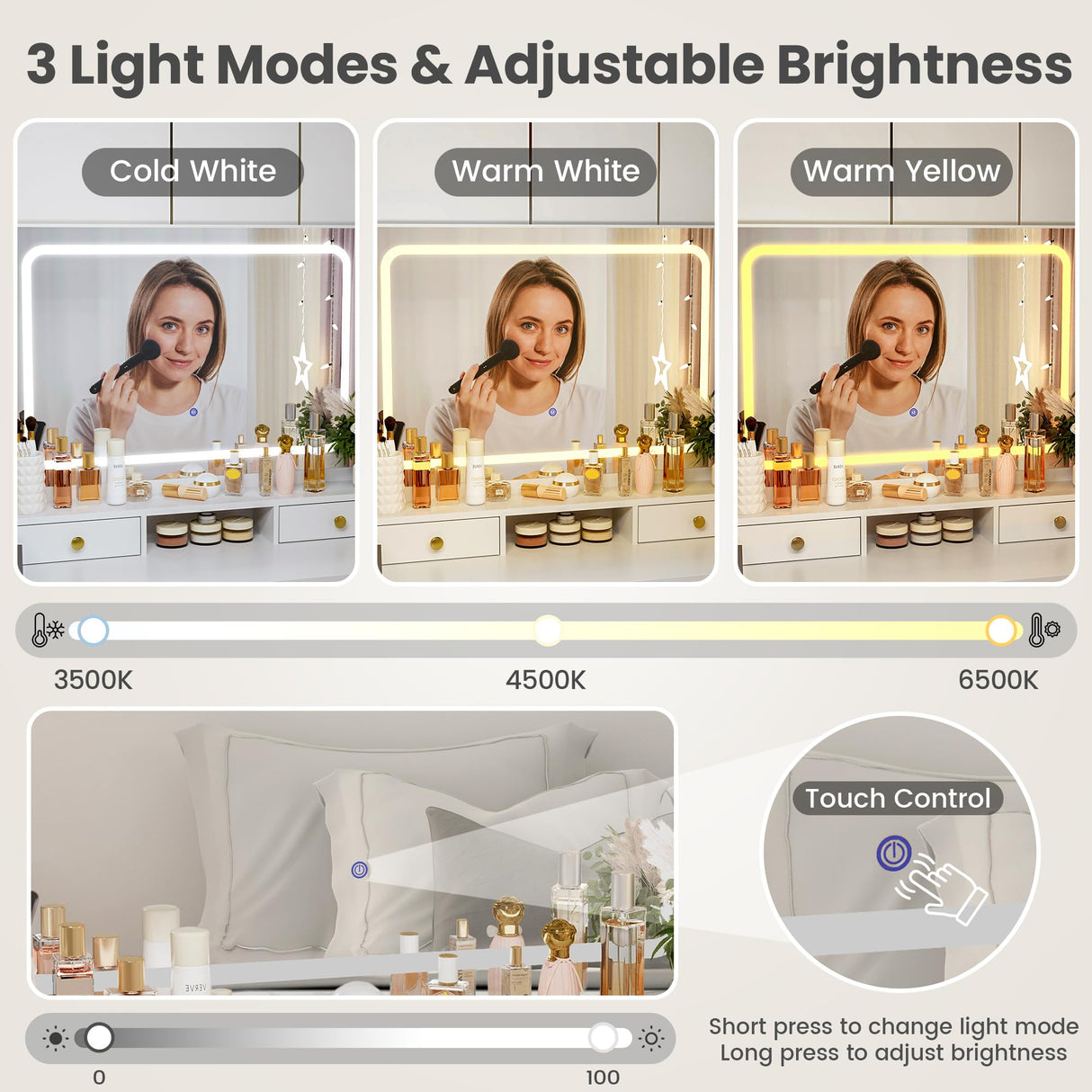 Pamapic Vanity Desk with Upgraded Silent Slides, Golden Handles 3 Lighting Modes Small Vanity with Charging Station, Makeup Vanity with Lights and Storage Vanity Benches Pamapic