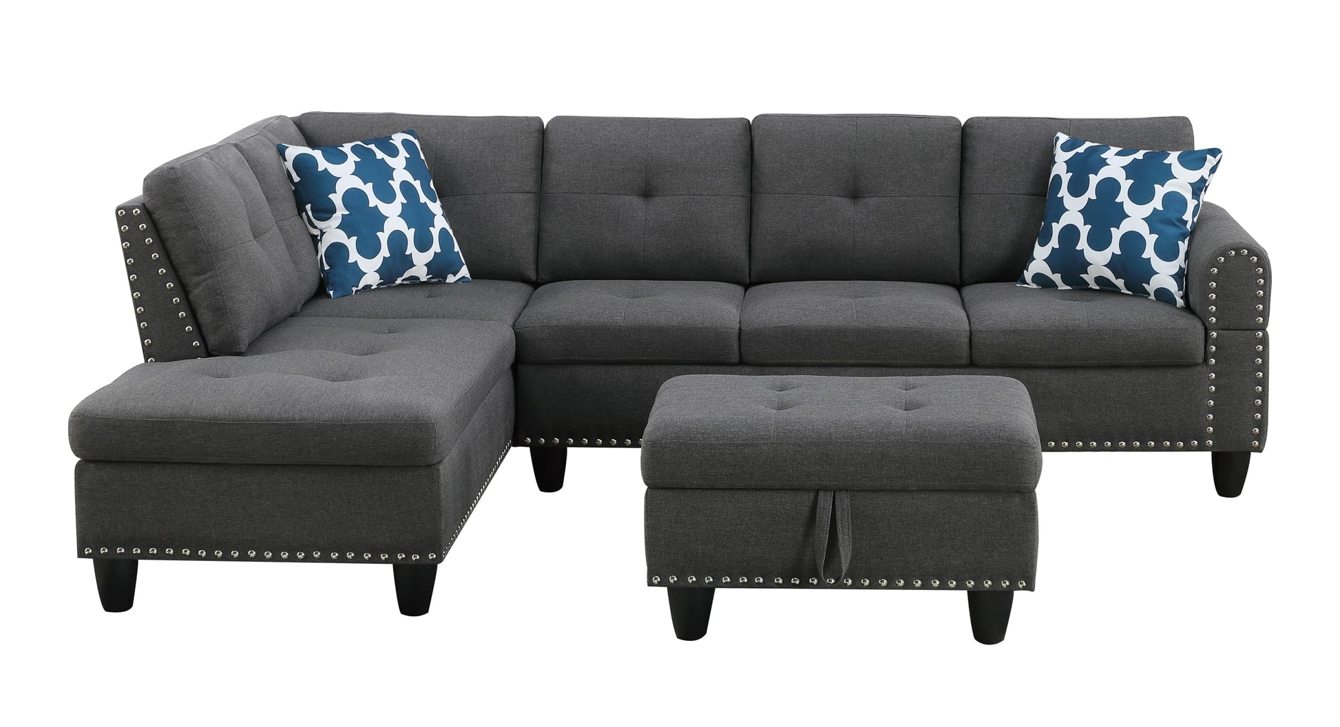 HBRR Reversible Sectional Sofa with Ottoman, Living Room Set, Left Facing Chaise, 2 Cup Holders, 2 Throw Pillows, Dark Gray, 71" D x 98" W x 33" H - WoodArtSupply