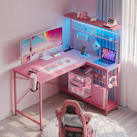 Bestier 42 L Gaming Desk,Computer Desk with Power Outlets, LED Lights, Reversible Corner Desk with 4-Tier Shelves,Cup Holder & Hook Carbon Fiber Pink Bestier