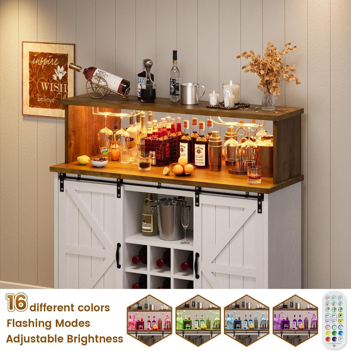 Farmhouse Coffee Bar Cabinet with Storage, 47 Inch Coffee Bar Hutch with Sliding Barn Doors, Wine Bar Cabinet with LED Light and Mirror, White Coffee Bar Table with Wine and Glass Rack for Living Room 4ever2buy