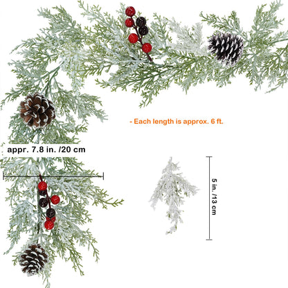 Winlyn Artificial Snowy Christmas Cedar Garland with Pine Cones and Red Berries Lush Christmas Greenery Garland 6' Long Christmas Wedding Winter Holiday Table Runner Centerpiece Seasonal Decoration