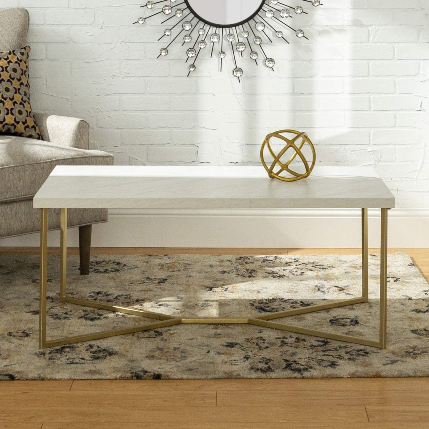 Walker Edison Mid Century Modern Marble Gold Rectangle Coffee Table Living Room Accent Ottoman Storage Shelf, 42 Inch, Marble and Gold - WoodArtSupply