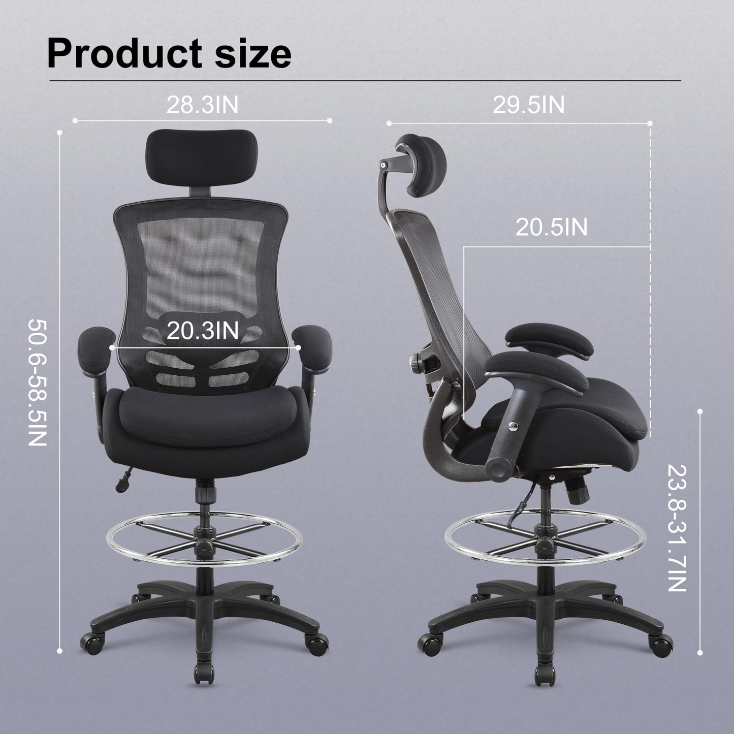 BOLISS High-Back Ergonomic Mesh Computer Office Drafting Chair with Super Soft Adjustable Arms Molded Foam Double Seat Cushion Adjustment Lumbar Support and Big Foot Ring - Black - WoodArtSupply