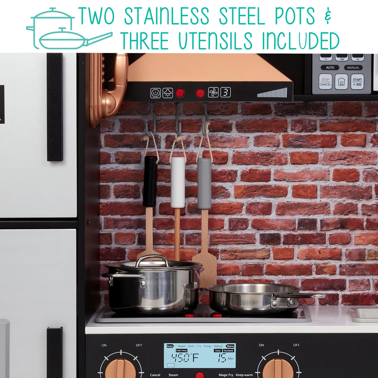 Lil' Jumbl Jumbl Kids Kitchen Set, Pretend Wooden Play Kitchen, Battery Operated Icemaker, Microwave, Range Hood, Stove Top, Oven, with Realistic Sound & Lights, Pots, Pan, & Utensils Included Lil' Jumbl