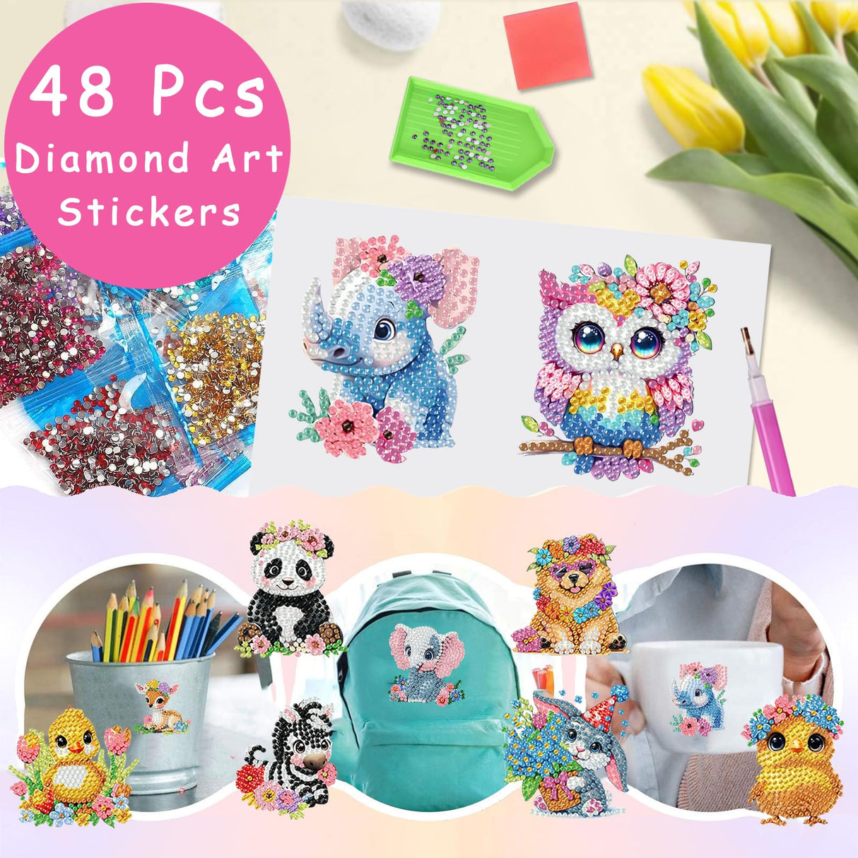 xackcme 48 Pcs Diamond Art Painting Sticker Kits for Kids, Animal Diamond Gem Stickers Kit, 5D Animals Gem Art Stickers Mosaic for Kids Gift for Boys Girls 4-8-10-12 Years Old xackcme