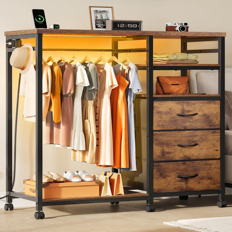 WLIVE Dresser with Hanging Rack for Bedroom, 3 Drawer Dresser with LED Lights & Charging Station, Fabric Dressers & Chest of Drawers, Storage Organizer with Open Shelves for Living Room, Brown WLIVE