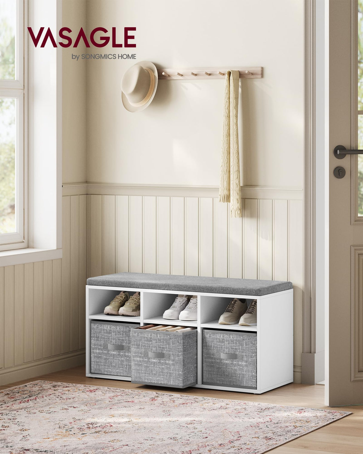 VASAGLE Shoe Bench with Cushion, Shoe Storage Bench with 6 Compartments and 3 Adjustable Shelves, Entryway Bench with 3 Storage Boxes, for Bedroom, Closet, Living Room, Cloud White ULSB101W14 VASAGLE