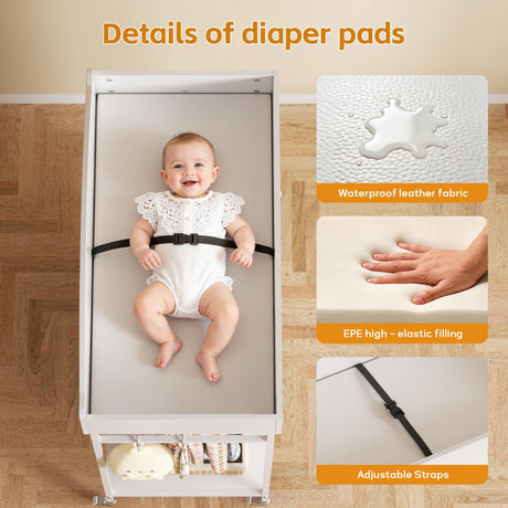 DTK Changing Table Dresser with Clothing Rack and Storage Shelf,3-Drawer Baby Dresser with Changing Table Top,Diaper Changing Station with Waterproof Pad,Mobile Dresser for Nursery,White DTK