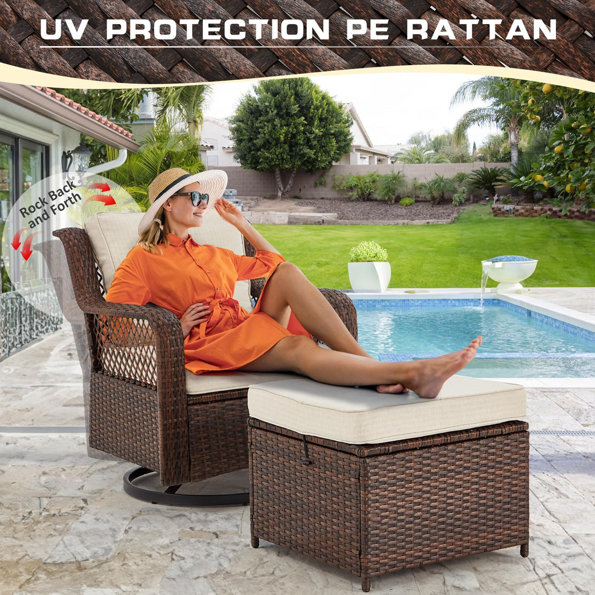 Suvivityse 6 Pieces Outdoor Patio Furniture Set Wicker Sectional Couch Conversations Sets Rattan Sofa with 360° Swivel Rocking Chairs for Lawn Garden Poolside Backyard (Brown) Suvivityse