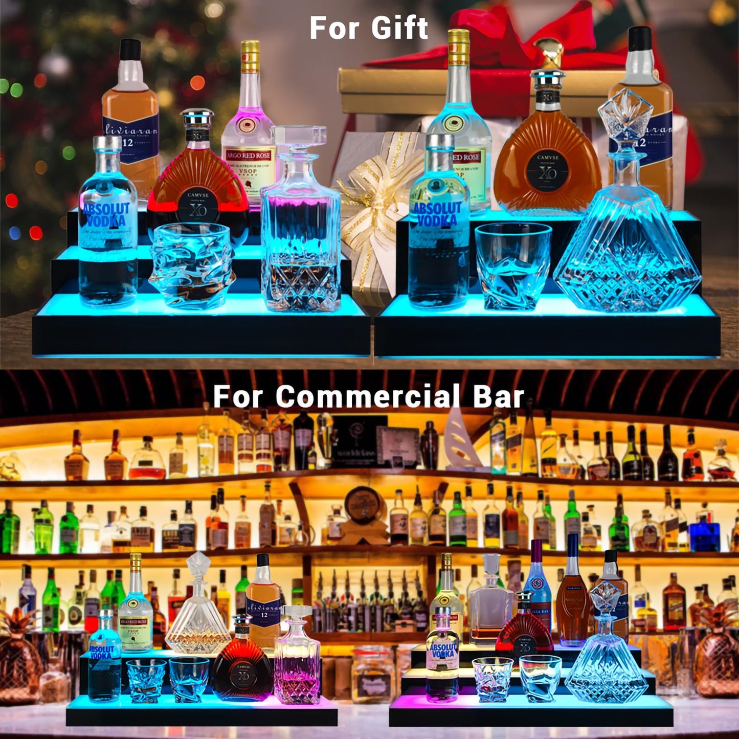 GOH&FTY LED Lighted Liquor Bottle Display Shelf,APP 16 inche 2Step LED Bar Shelves with Wireless Remote& Multicolor LED Light ,Bar Stand for Home Bar Accessories - WoodArtSupply