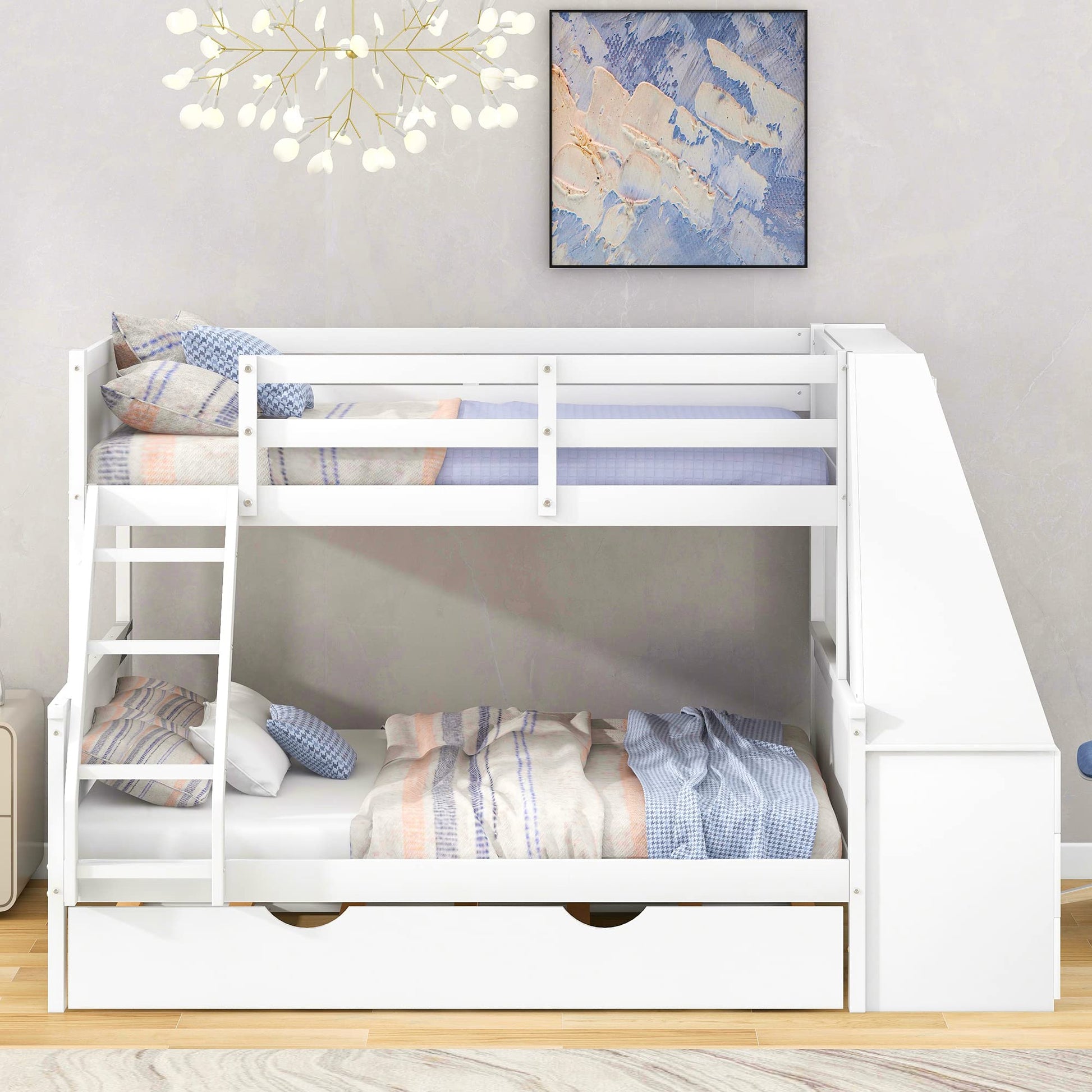 Modern Twin Over Full Bunk Bed with Desk, Trundle, and Storage Drawers in White - WoodArtSupply