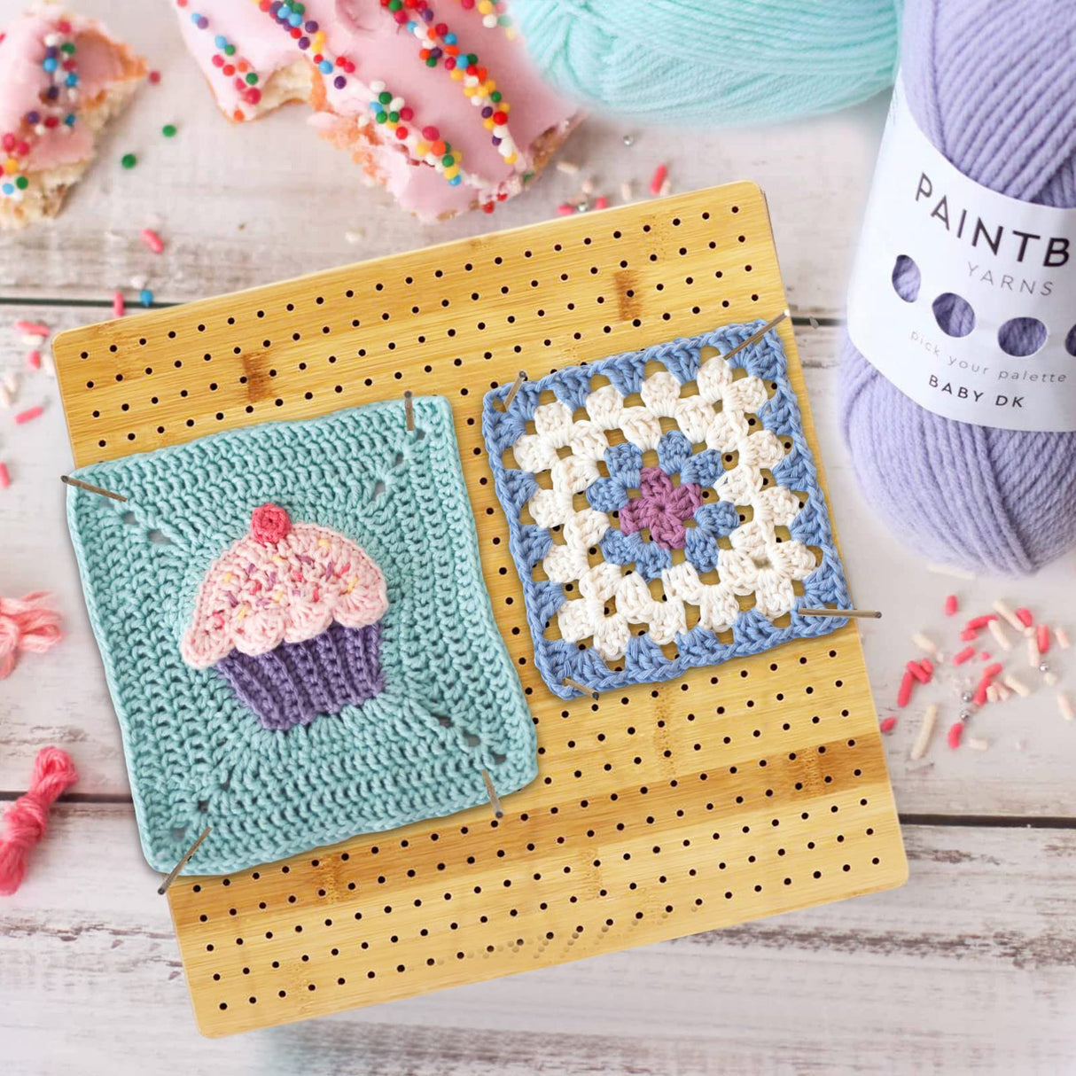 Iswabard 13x13 Inch Blocking Mats Blocking Board for Crocheting with 15 Stainless Steel Rods Crochet Blocking Board Large Base Bamboo Granny Square (Bamboo-C13‘’) Iswabard