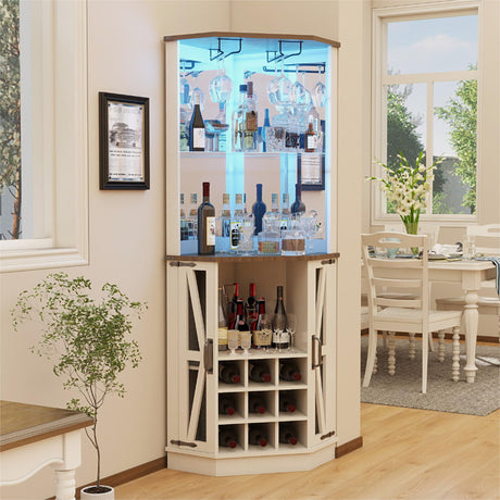 Chilihom Farmhouse Corner Wine Bar Cabinet with Led Lights and Mirror, Tall Liquor Cabinet Coffee Bar Cabinet for Home, Display Cabinet Hutch Corner Wine Rack Home Bar Furniture with Storage, White Chilihom