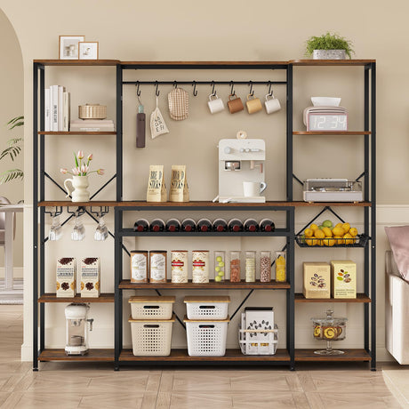 UPOSOJA Large Bakers Rack with Power Outlet, 62.4in Wide Kitchen Microwave Stand with Storage Shelves, 5-Tier Coffee Bar, Wine Rack, Goblet Holder, 8 Hooks, Wire Basket(Rustic Brown, Large) UPOSOJA