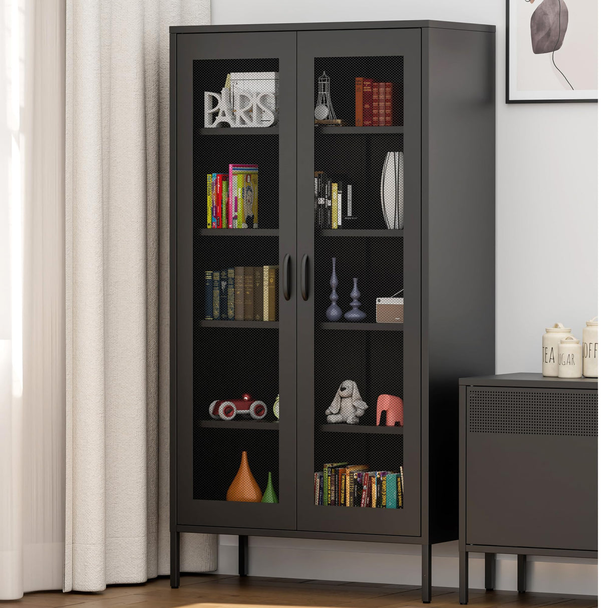 Ustamio 73 Inches Black Metal Storage Cabinet with Mesh Doors, 5 Tier Display Cabinet for Home Office, Metal Kitchen Pantry Storage Cabinet with 4 Adjustable Shelves Ustamio