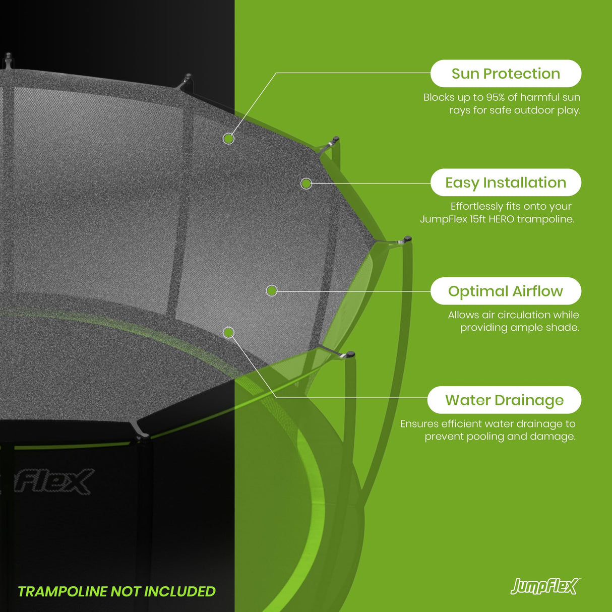 JumpFlex SMARTSHADE Soft Outdoor Trampoline Shade Canopy Cover for Sun Protection, Compatible with Hero 15' Model ONLY, Trampoline NOT Included, Black Jumpflex