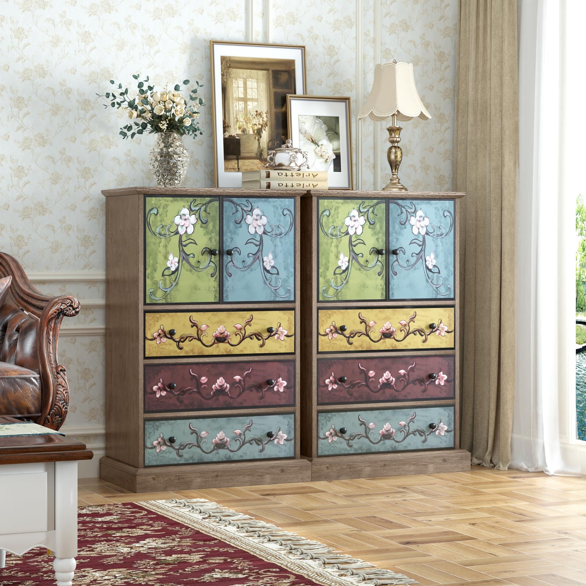 finetones Wood Dresser Chest of Drawers, Tall Dresser Boho Dresser with Drawers and Doors, 16.1D x 23.6W 42.3H Inch Wood Dresser Accent Dresser for Home Office - WoodArtSupply